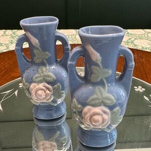 1930s Japanese Blue Floral Ceramic Bud Vases